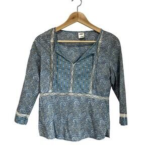 Old Navy Top S Blue Paisley Boho Peasant Blouse Y2K Lace Trim 100% Cotton